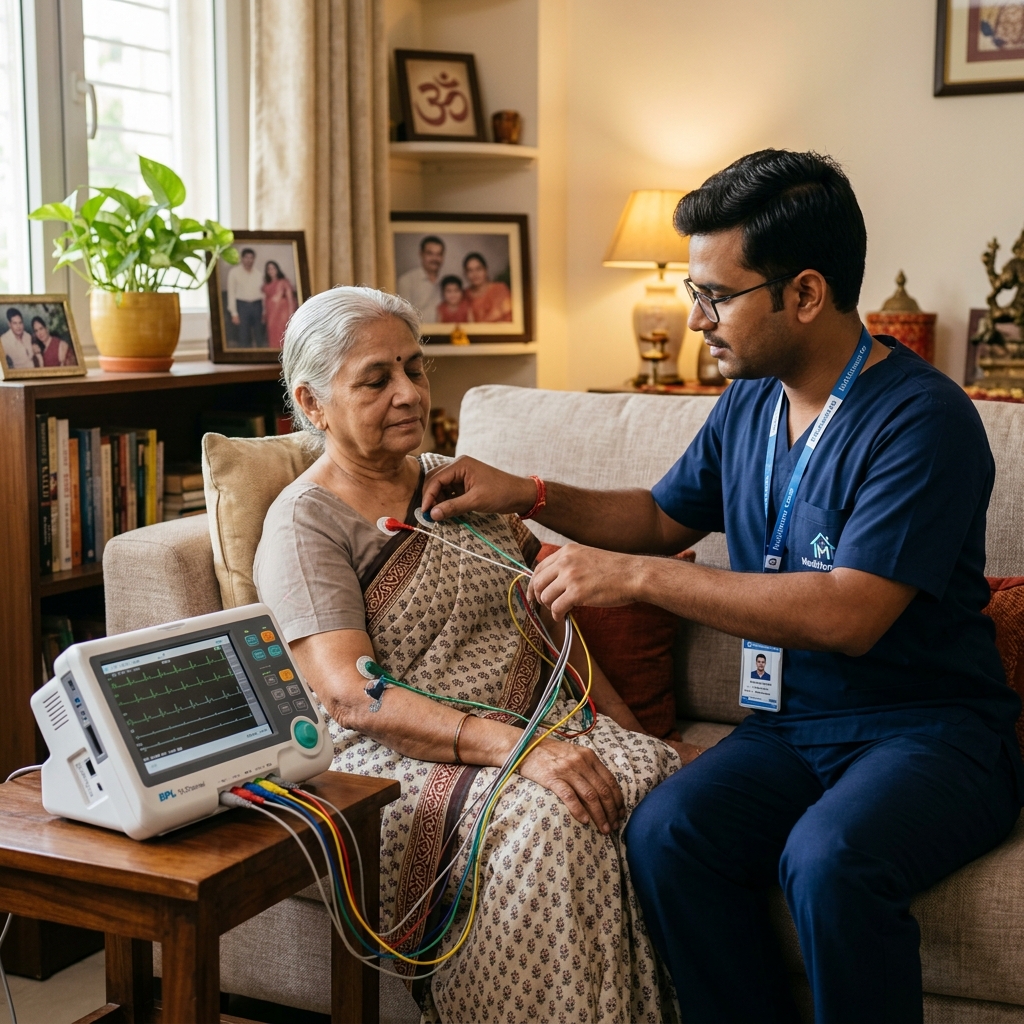 Professional ECG test at home in Indore by certified technician using portable digital ECG machine