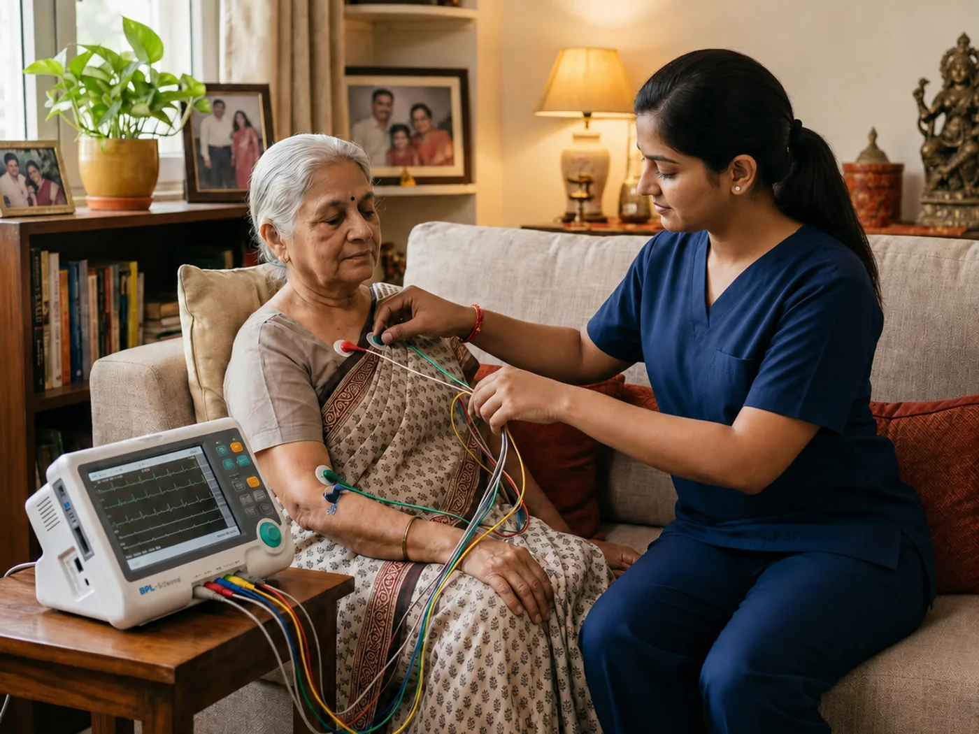 Professional ECG test at home in Indore by certified technician using portable digital ECG machine