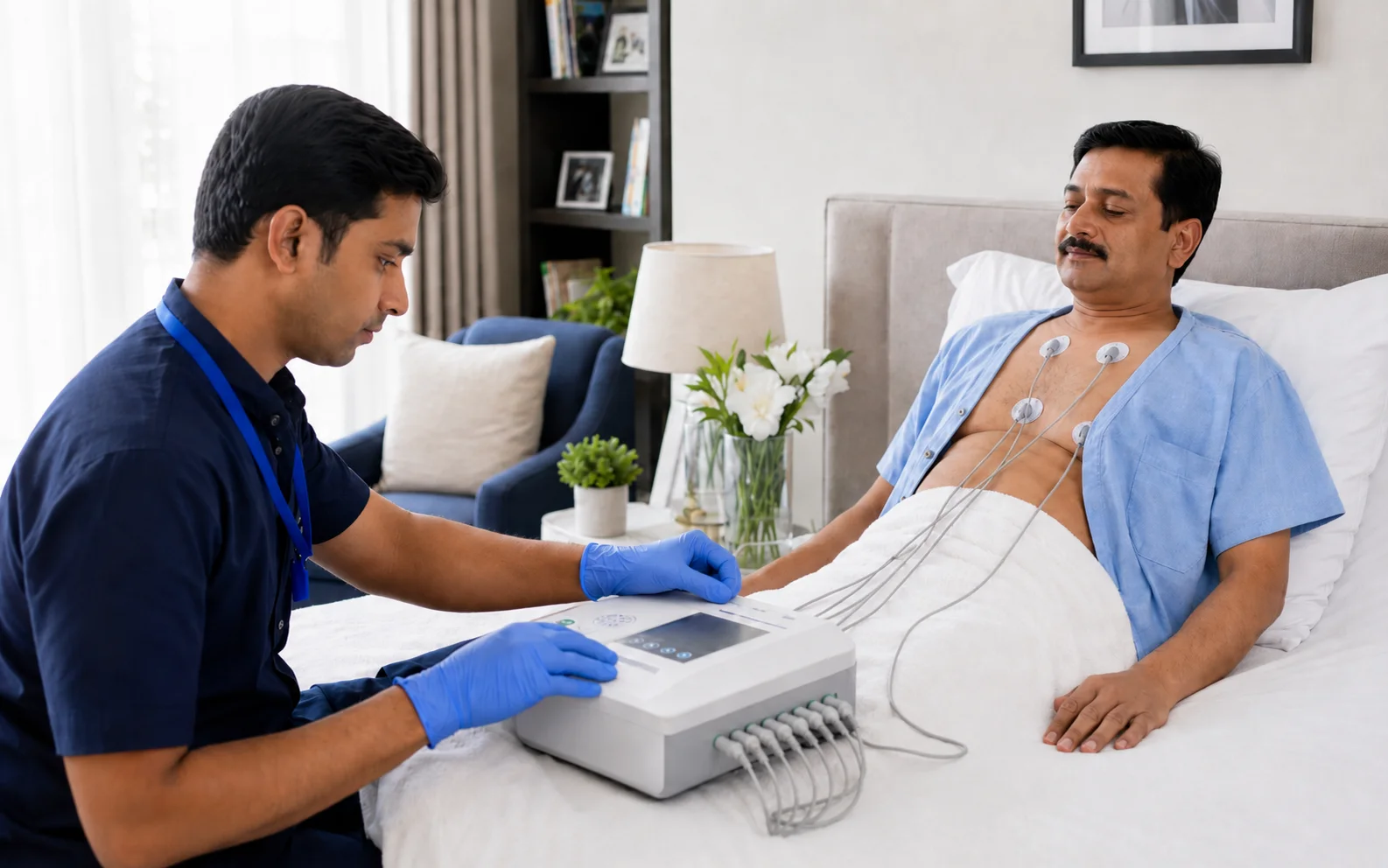 Male patient receiving a home ECG test at home from a technician