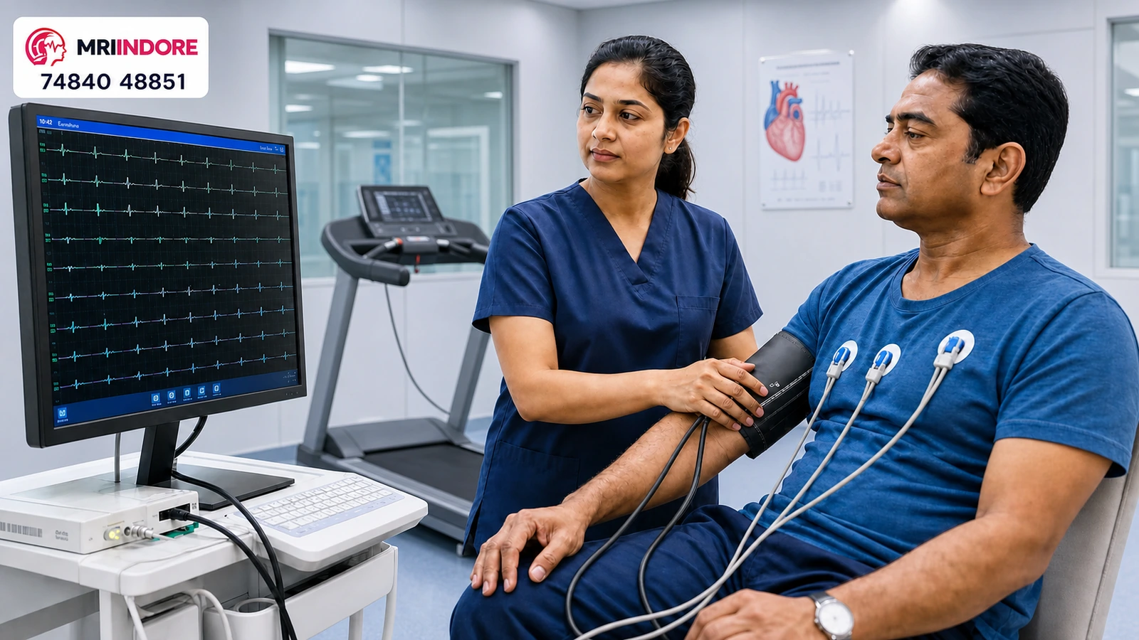 Cardiac technician monitoring ECG and blood pressure during a TMT in Indore